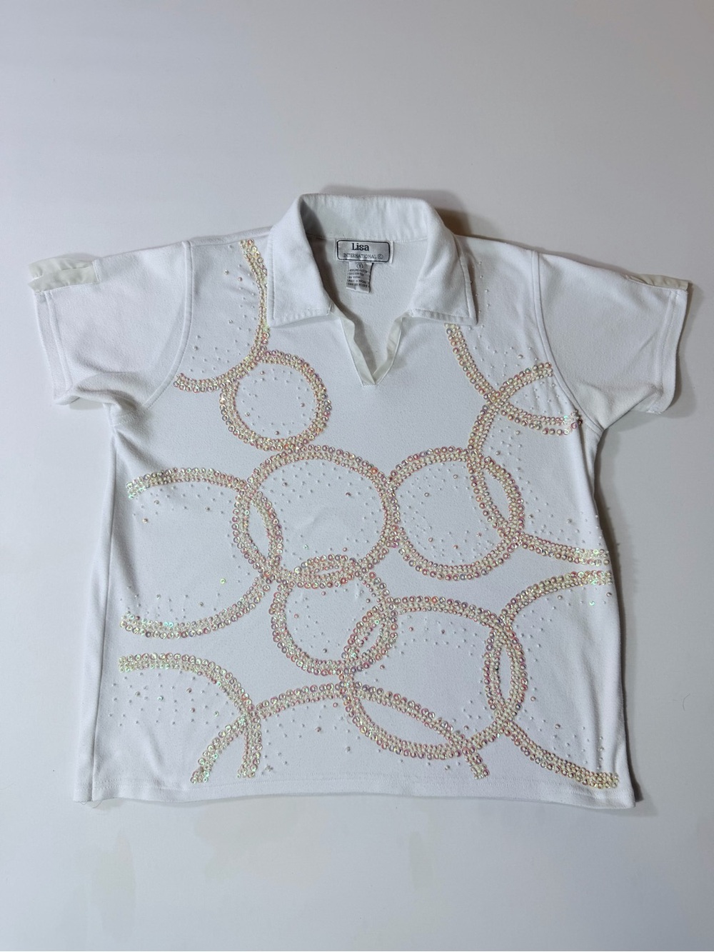 Lisa International White Polo Top with Sequin Circles Women’s Sz Small